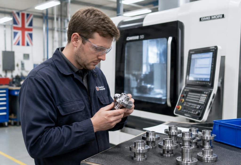 Engineer inspecting machined parts beside a CNC machine