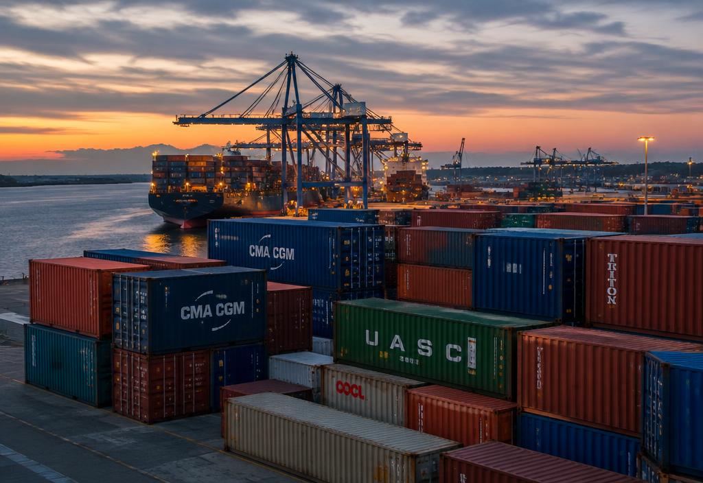 Shipping containers at a UK port at dusk
